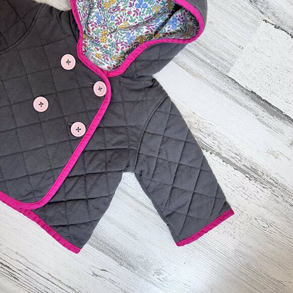 Baby Boden Hooded Jacket Size 0-3M Gray Quilted Floral Lined Button Front Coat - Picture 4 of 9